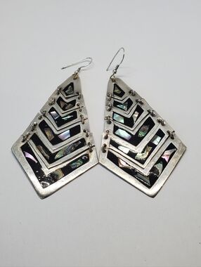 Vintage Mexican Alpaca Abalone Black Enamel Kite Earrings